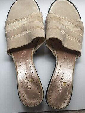 Pesaro Malibu Beige Slide Kitten Heel Sandal Women Size 8 Stretch Fabric Upper
